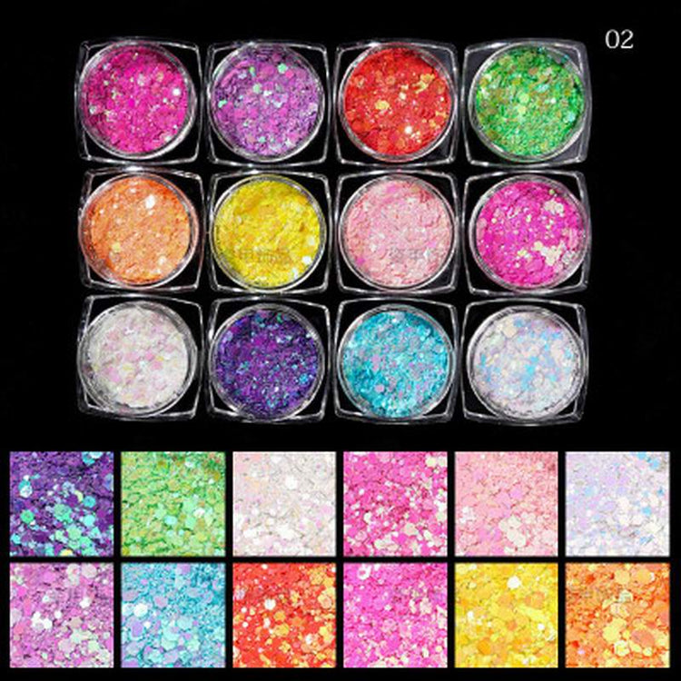 Multicolour Glitter Sequins Nail Art (12 Jars Tray) - NSI Australia
