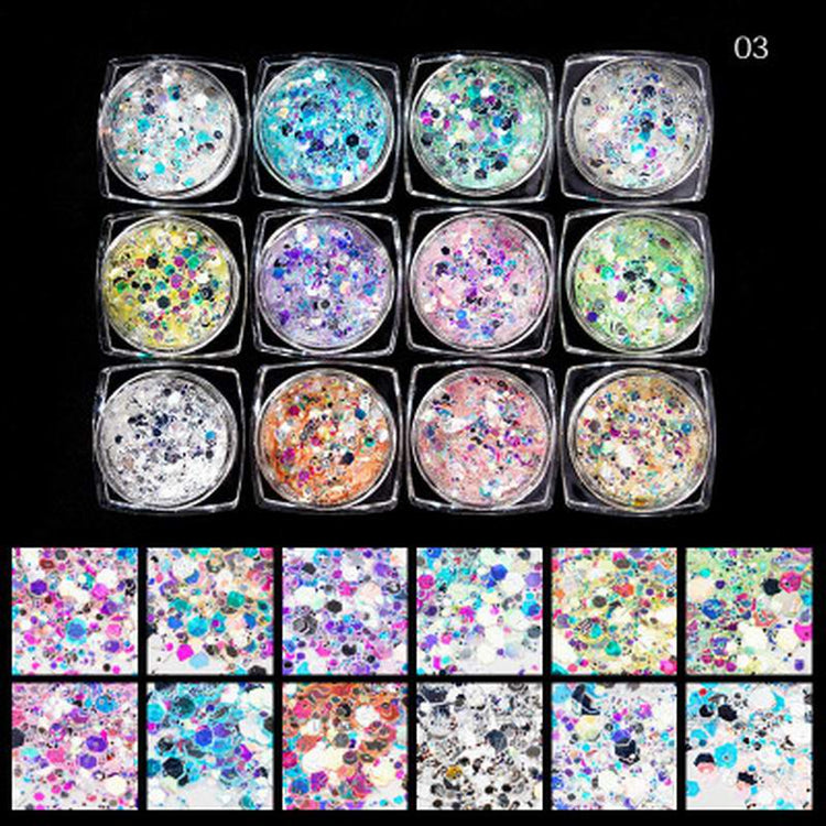 Multicolour Glitter Sequins Nail Art (12 Jars Tray) - NSI Australia