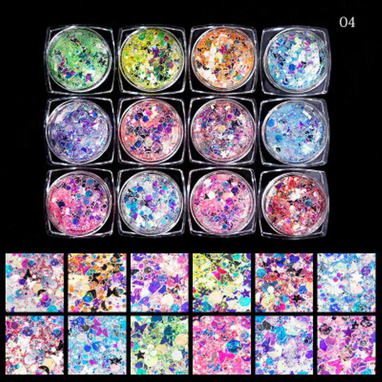 Multicolour Glitter Sequins Nail Art (12 Jars Tray) - NSI Australia