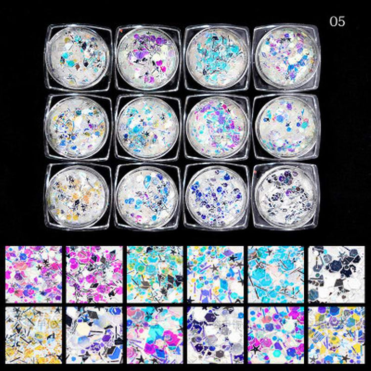 Multicolour Glitter Sequins Nail Art (12 Jars Tray) - NSI Australia