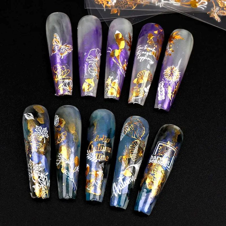 Nail Art Stickers - Autumn Leaves White & Gold - NSI Australia