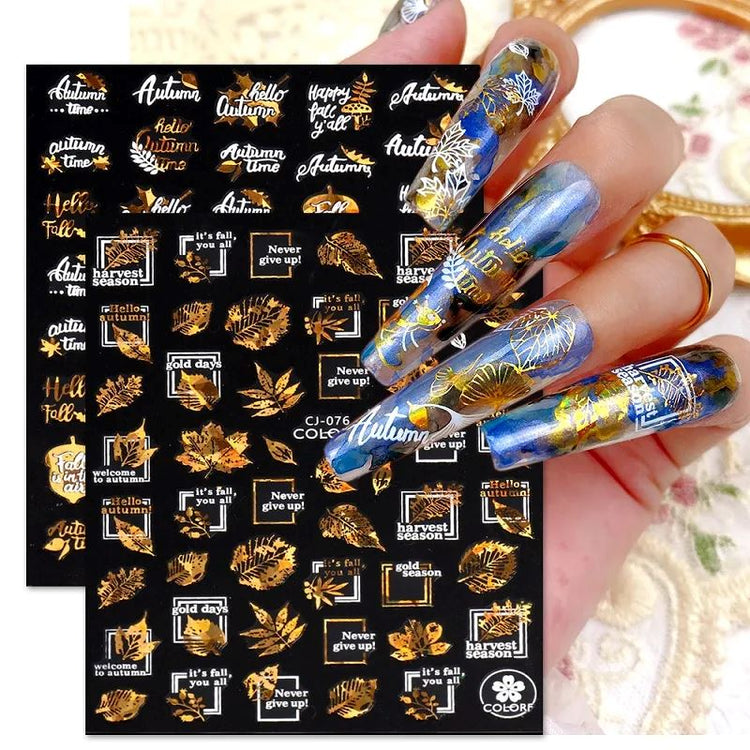 Nail Art Stickers - Autumn Leaves White & Gold - NSI Australia