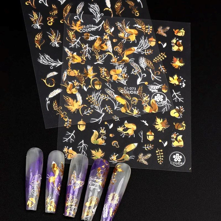 Nail Art Stickers - Autumn Leaves White & Gold - NSI Australia