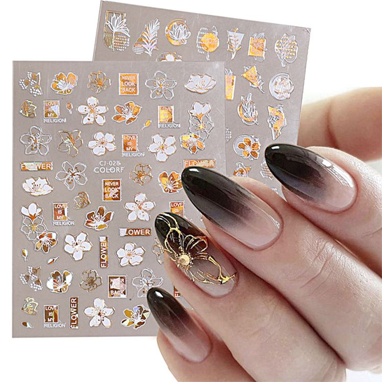 Nail Art Stickers - Flower Leaf White & Gold - NSI Australia