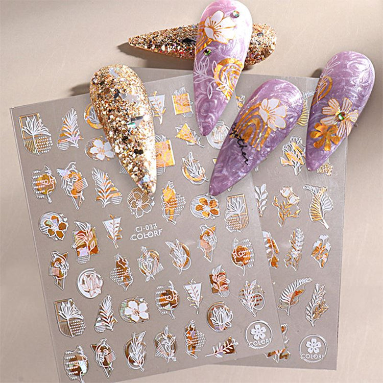 Nail Art Stickers - Flower Leaf White & Gold - NSI Australia