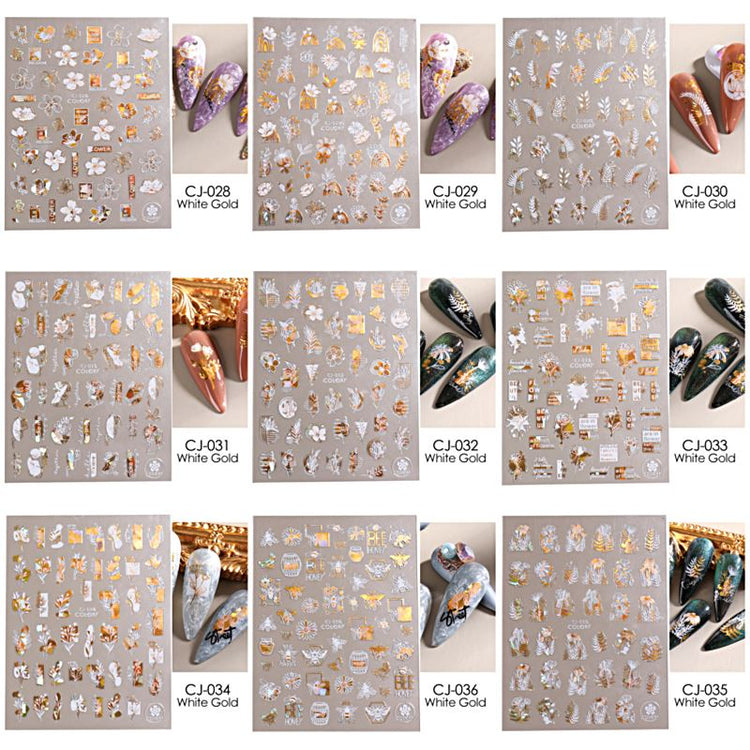 Nail Art Stickers - Flower Leaf White & Gold - NSI Australia