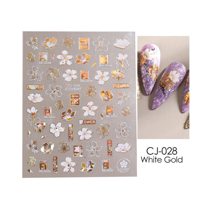 Nail Art Stickers - Flower Leaf White & Gold - NSI Australia