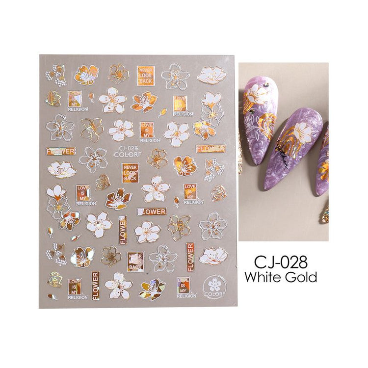 Nail Art Stickers - Flower Leaf White & Gold - NSI Australia