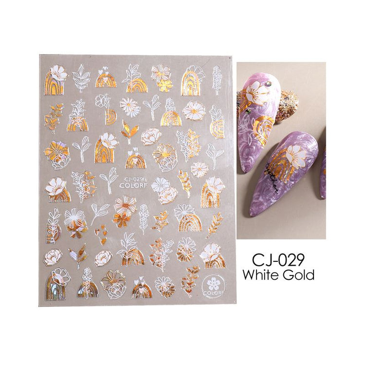 Nail Art Stickers - Flower Leaf White & Gold - NSI Australia