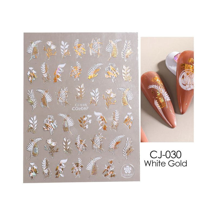 Nail Art Stickers - Flower Leaf White & Gold - NSI Australia