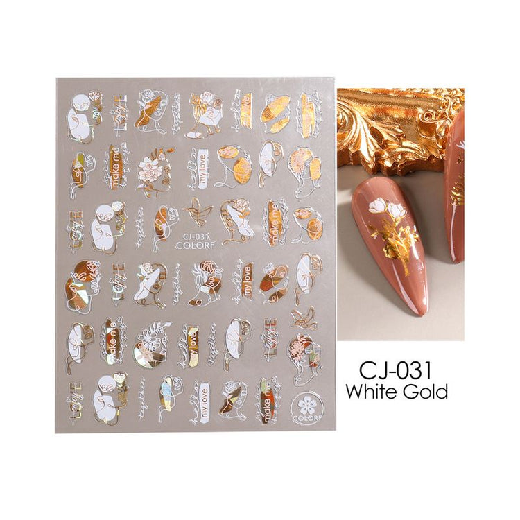 Nail Art Stickers - Flower Leaf White & Gold - NSI Australia