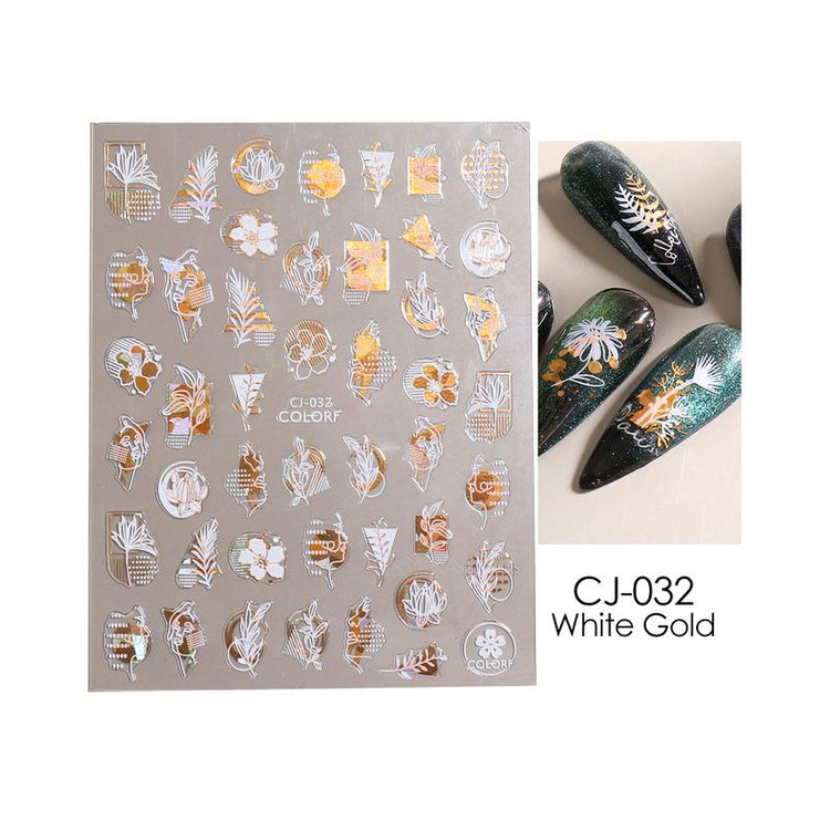 Nail Art Stickers - Flower Leaf White & Gold - NSI Australia