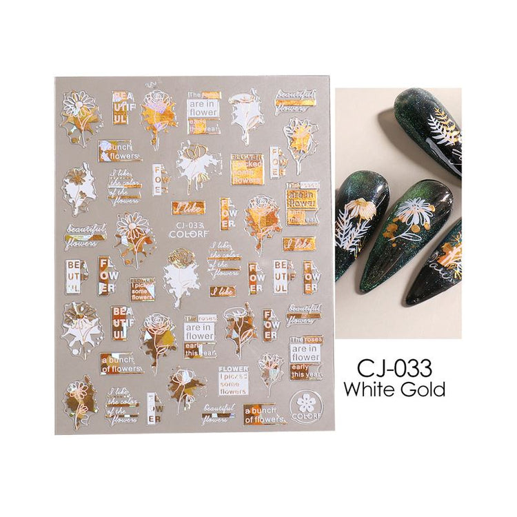 Nail Art Stickers - Flower Leaf White & Gold - NSI Australia