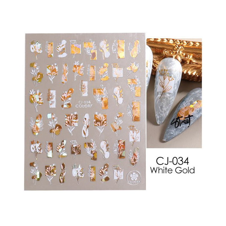 Nail Art Stickers - Flower Leaf White & Gold - NSI Australia