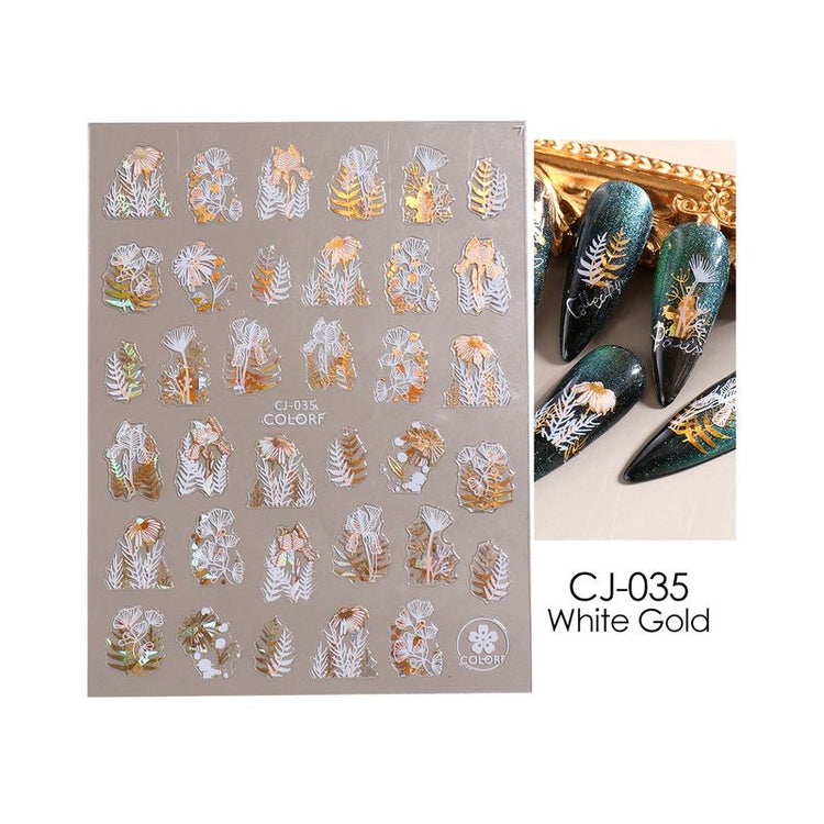 Nail Art Stickers - Flower Leaf White & Gold - NSI Australia