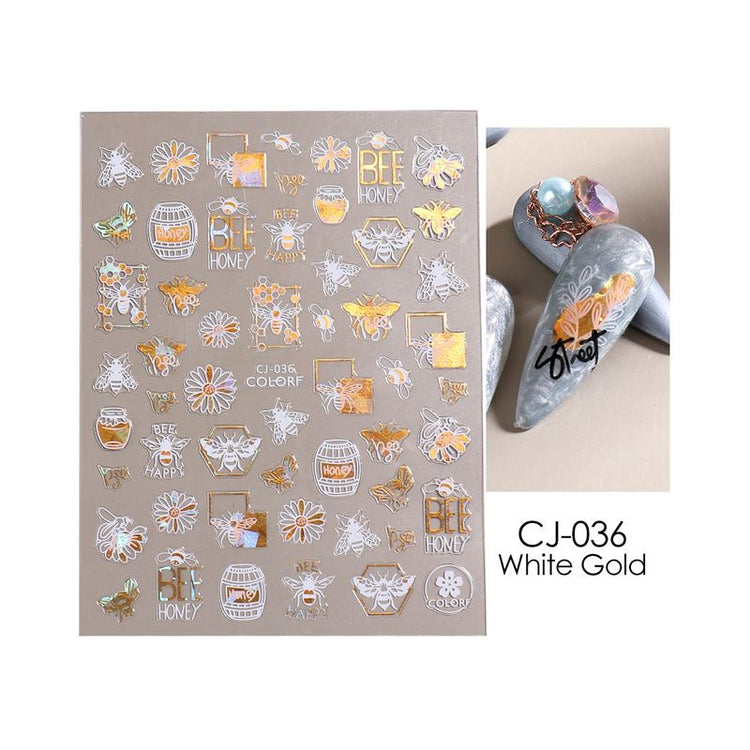 Nail Art Stickers - Flower Leaf White & Gold - NSI Australia