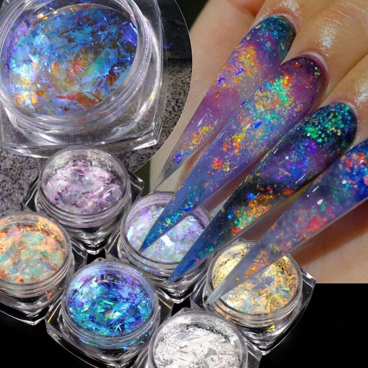 Opal Aurora Iridescent Nail Art Flakes - Set 6pcs Jar - NSI Australia