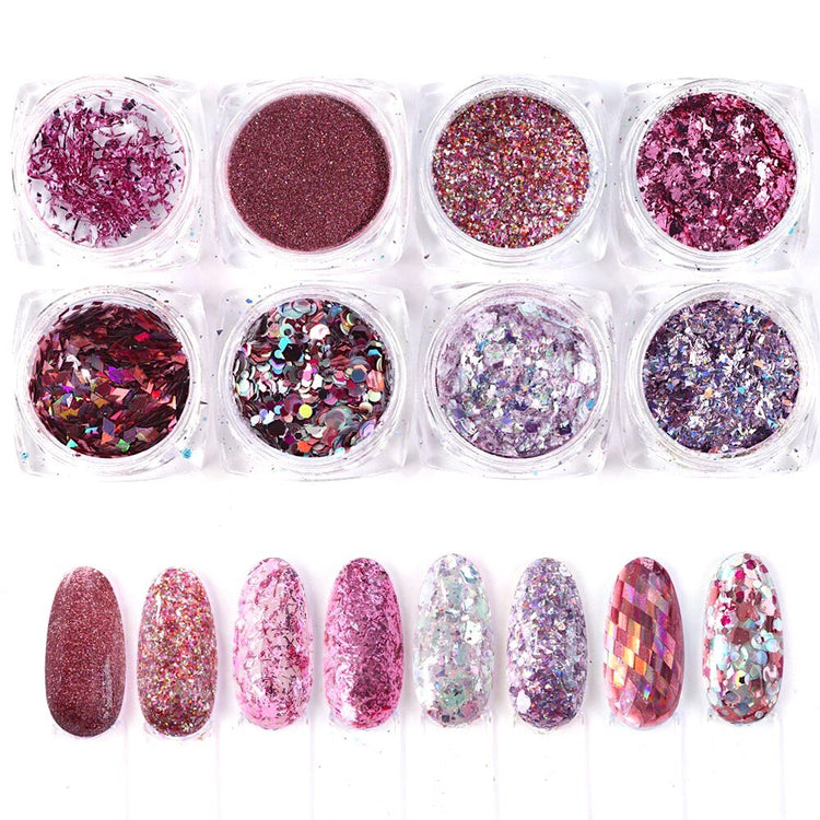 Pink Rose Glitter Flakes Nail Art - Set 8pcs Jar - NSI Australia