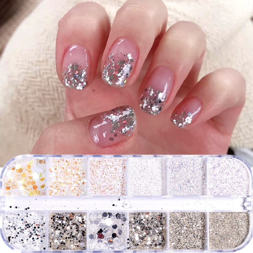 Silver Glitter Flakes and Holographic Sequins Nail Art Tray - NSI Australia