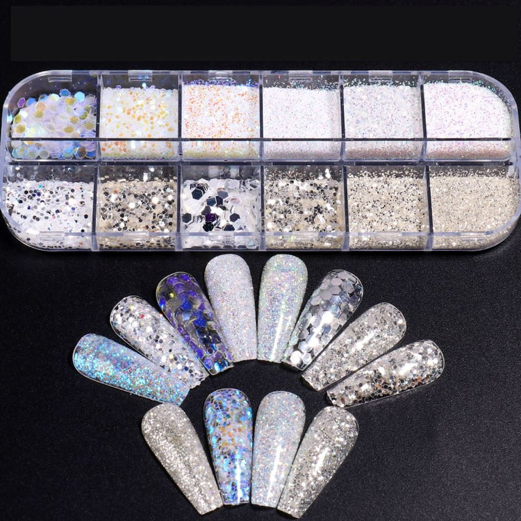 Silver Glitter Flakes and Holographic Sequins Nail Art Tray - NSI Australia