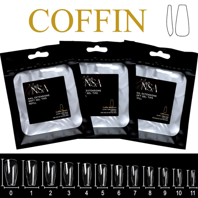 Soft Gel Tips Individual Refill Sizes 50pcs - Coffin - NSI Australia