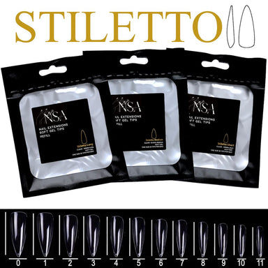 Soft Gel Tips Individual Refill Sizes 50pcs - Stiletto - NSI Australia