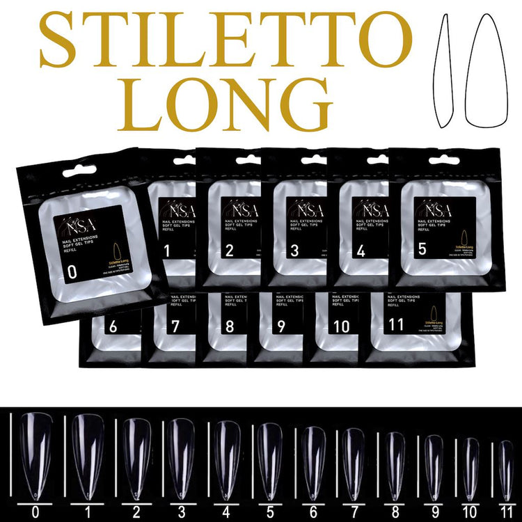 Soft Gel Tips Individual Refill Sizes 50pcs - Stiletto - NSI Australia