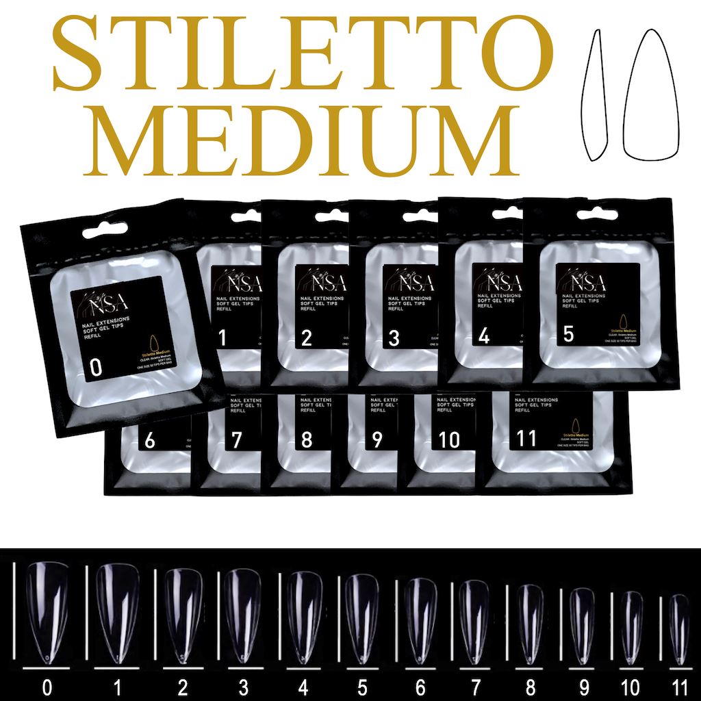 Soft Gel Tips Individual Refill Sizes 50pcs - Stiletto - NSI Australia